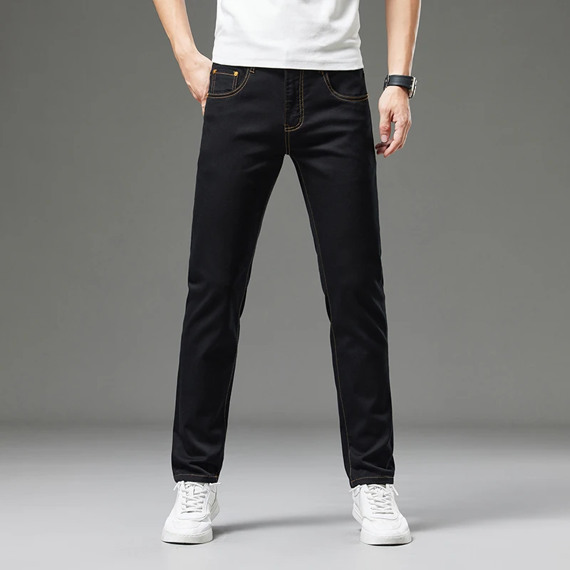 CGIUI莱赛尔秋冬新款纯黑不掉色牛仔裤男修身版百搭商务潮流弹力