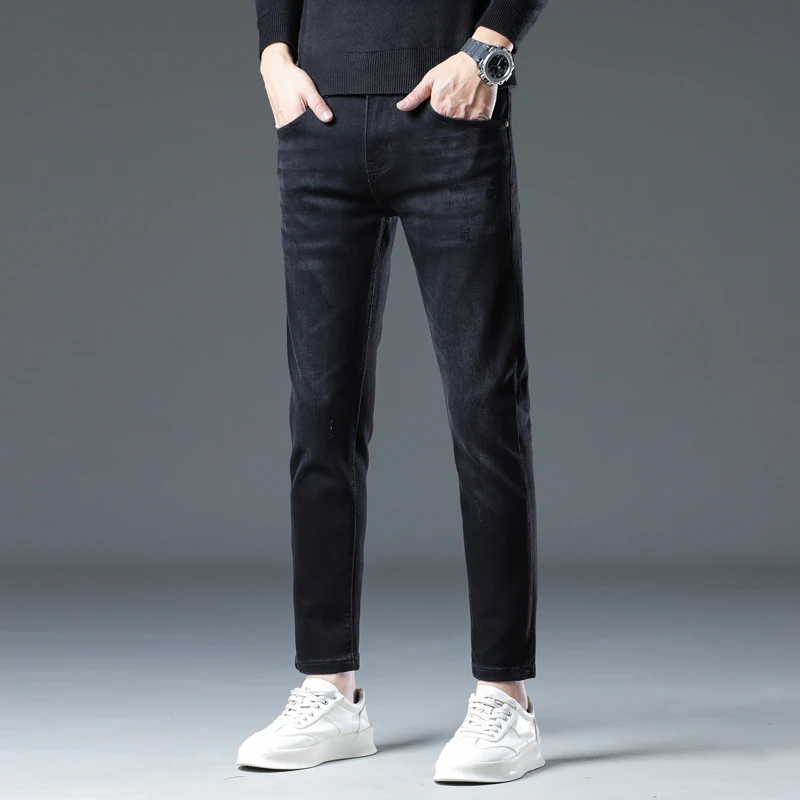 九分牛仔裤秋冬新款男士修身小脚裤潮牌弹力百搭黑色舒适9分裤男