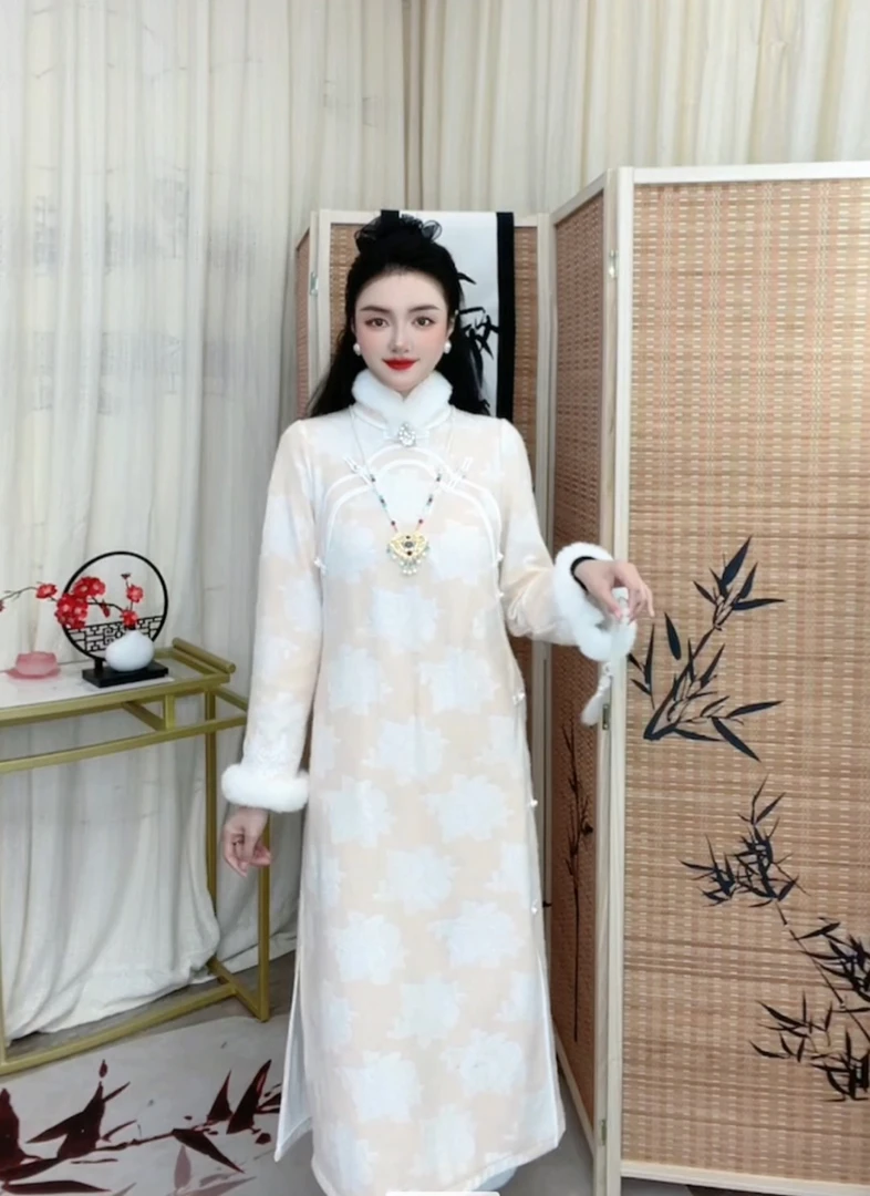 2023年冬季兔毛时尚休闲百搭加绒加厚连衣裙旗袍套装（5038）