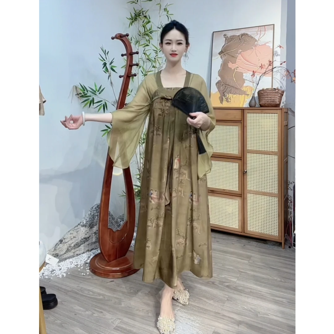 2024年新款春夏款复古纱网袖裙子中国风显瘦连衣裙-M（7296）