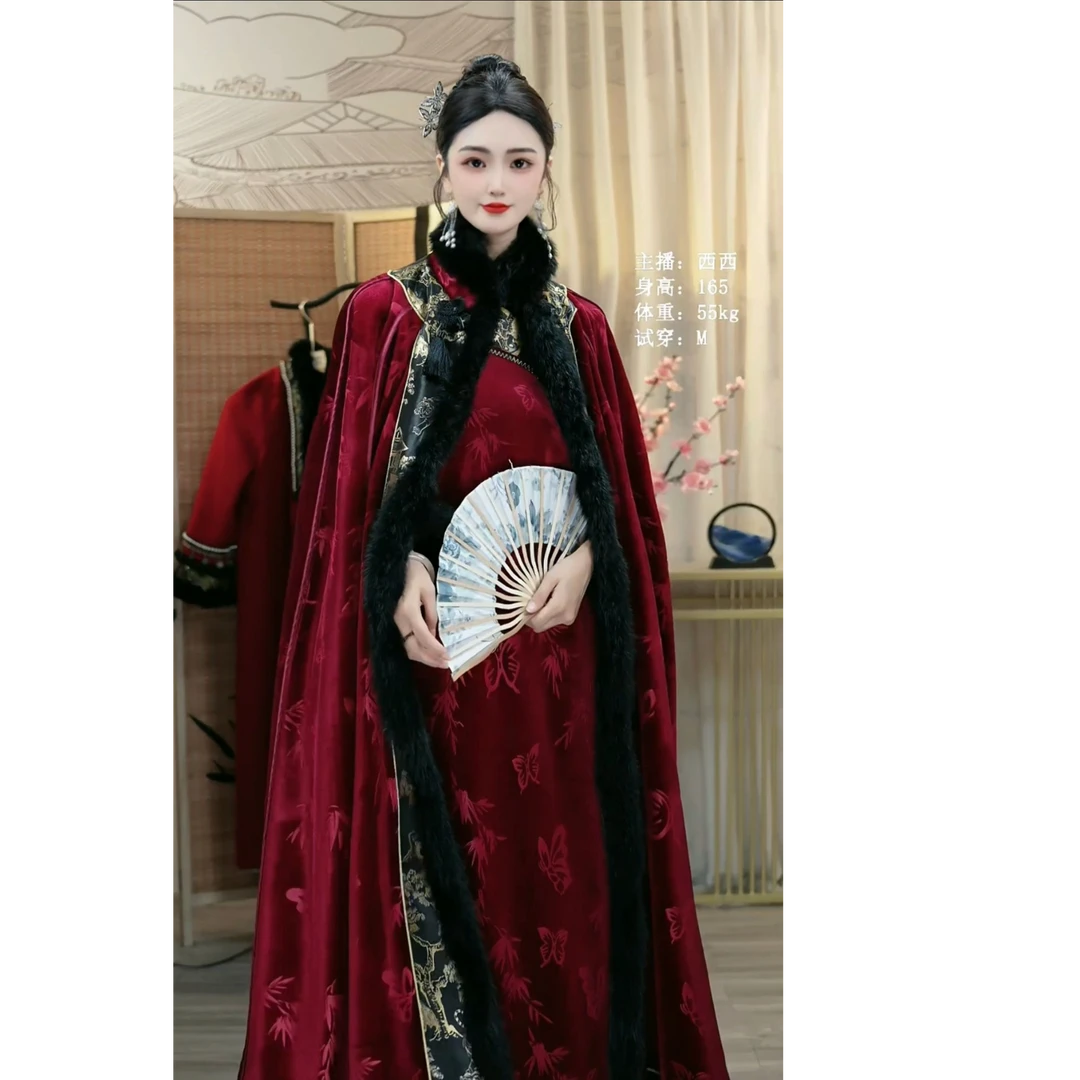 羽唐名2024女装秋冬季古风新款国潮黑色毛领风衣斗篷(9871+8901)