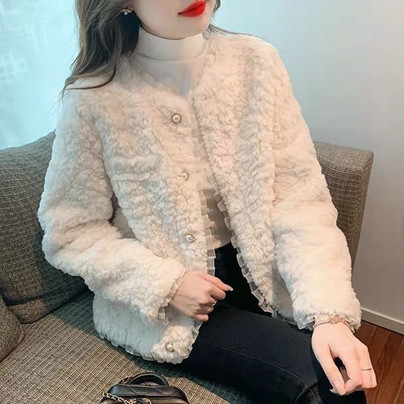 淳启羊羔毛高级感蕾丝小香风外套女秋冬时尚加厚2024新款韩系外套