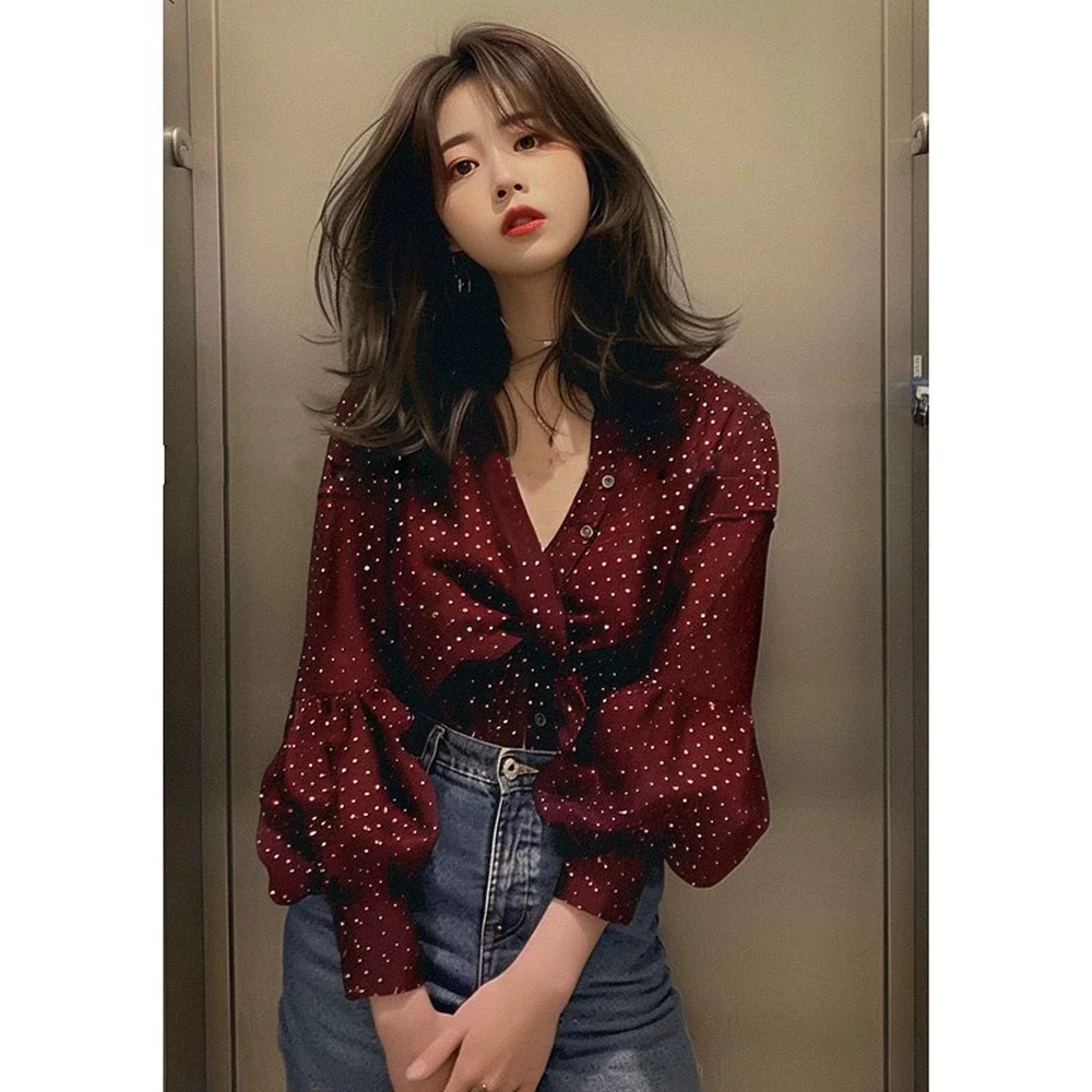 欧货独特漂亮洋气高端别致小衫酒红色雪纺波点灯笼袖长袖衬衫女装