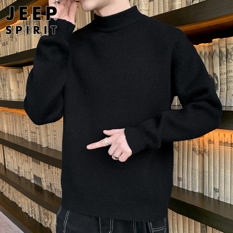 JEEPSPIRIT半高领毛衣男士冬季黑色毛线衣宽松保暖打底针织衫男款