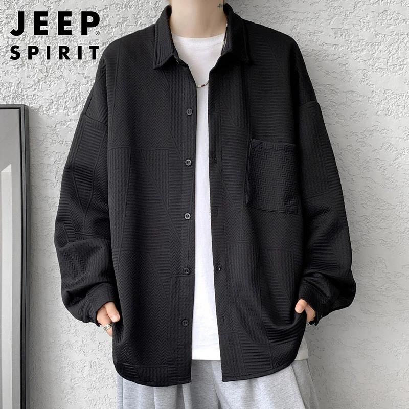 JEEPSPIRIT黑色长袖衬衫男士春秋季韩版休闲工装上衣潮牌衬衣外套