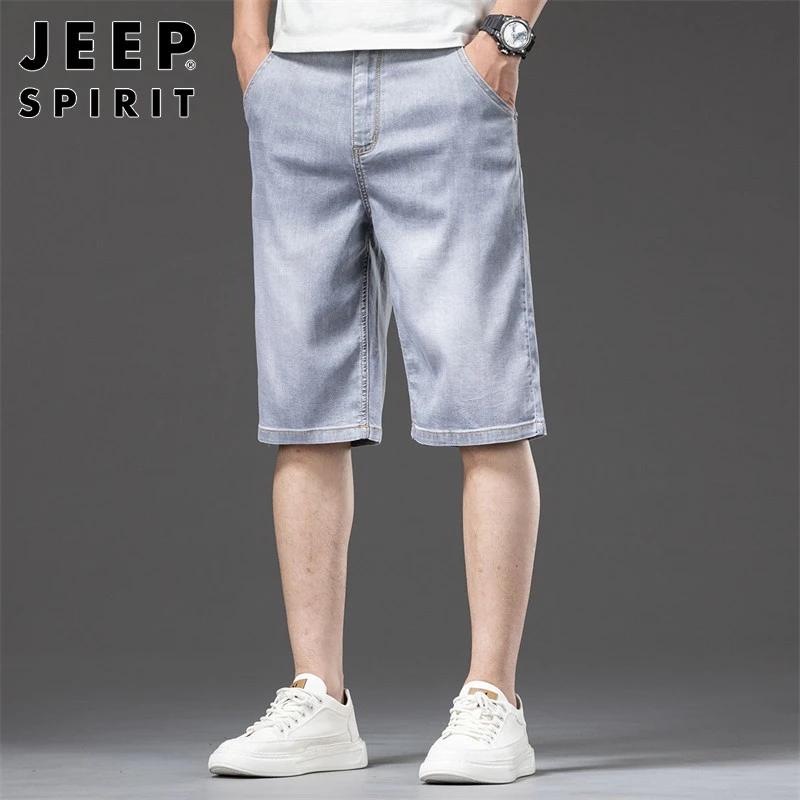 JEEPSPIRIT牛仔短裤男士夏季薄款宽松直筒五分裤美式运动休闲中裤