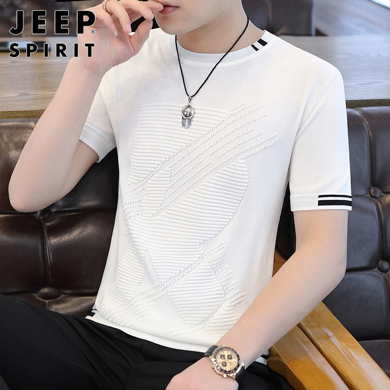 JEEPSPIRIT白色冰丝短袖t恤男士夏季帅气圆领体恤韩版百搭上衣男