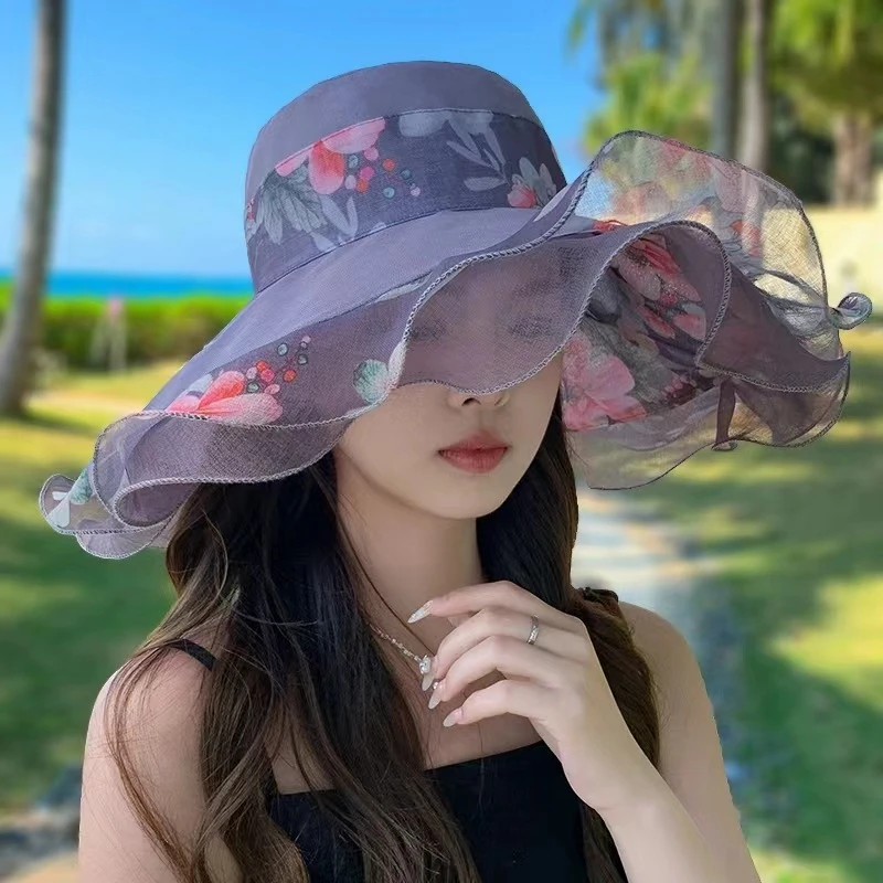 太阳帽子女夏可折叠遮阳防晒帽大檐防紫外线户外出游碎花朵沙滩帽