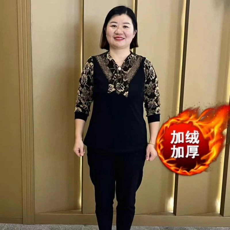 秋冬新款加绒拼接飘带洋气印花百搭显瘦长袖上衣