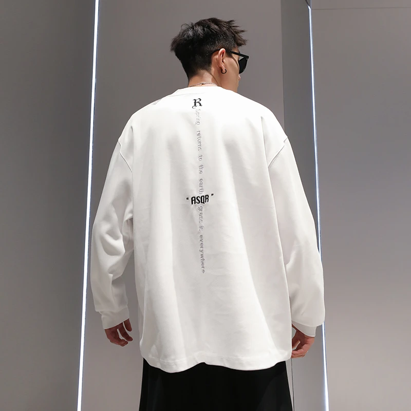 RunTwo刺绣纯色圆领卫衣男生秋季重磅纯棉潮流街头美式打底上衣