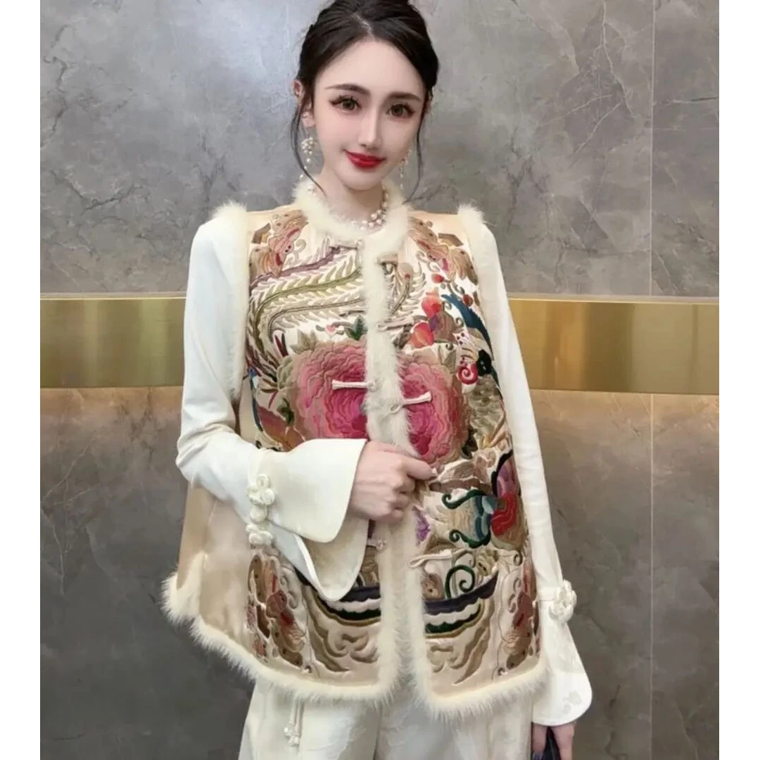 【刺绣牡丹】新中式圆领重工刺绣夹棉马夹上衣拼接毛毛坎肩背心女