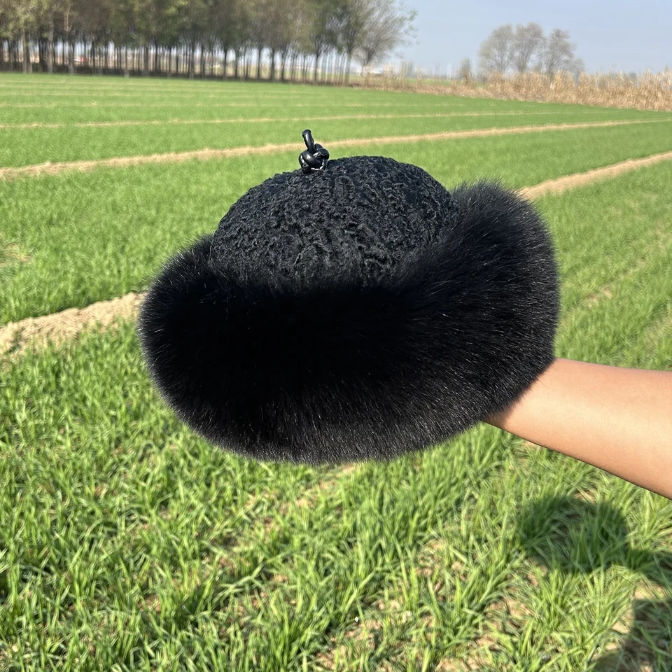 狐狸毛王爷帽真水貂毛卡拉库贝勒帽黑色冬季时尚秋冬