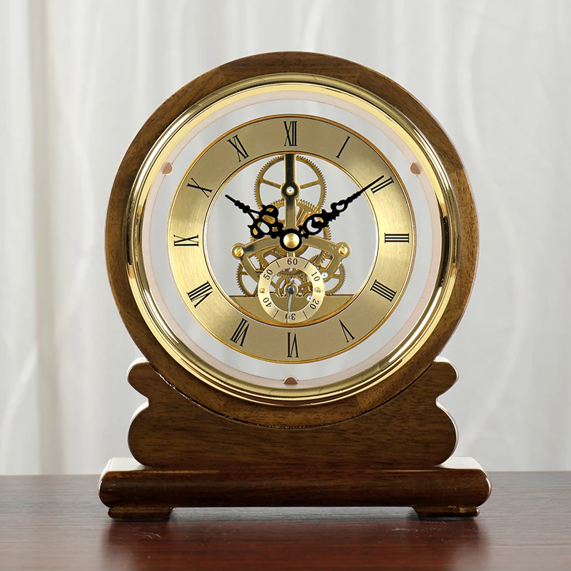 欧式仿机械座钟客厅桌面实木坐钟金属台钟书房装饰摆件钟表HD226