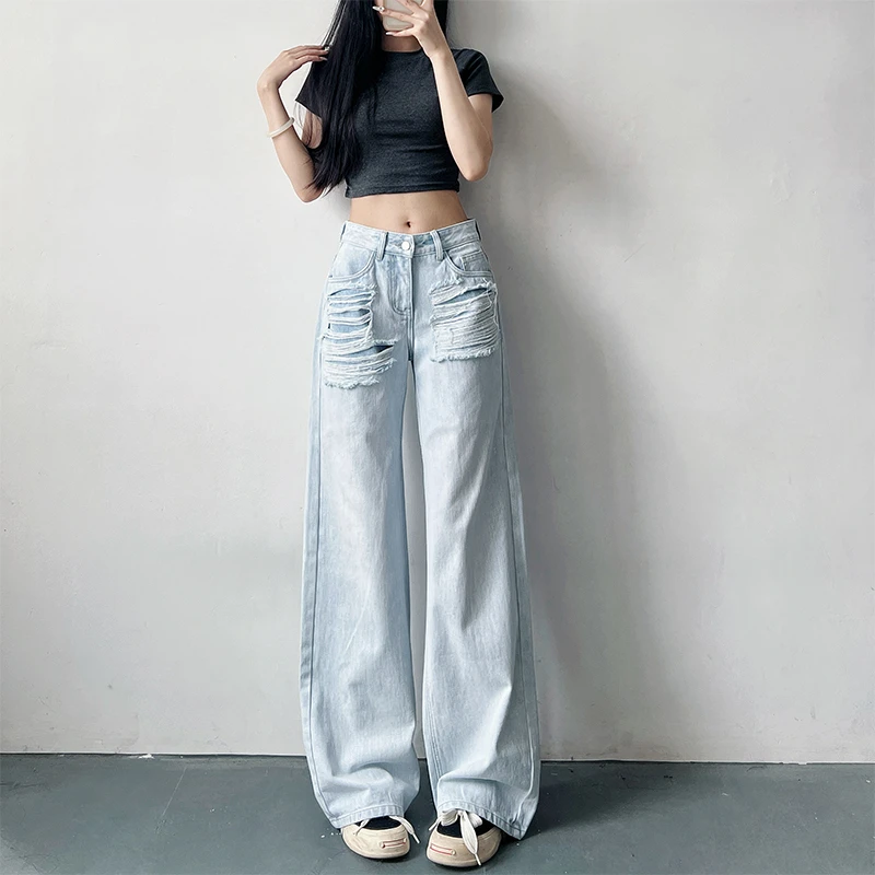 夏季175高个子浅蓝低腰显瘦水洗磨破牛仔裤女美式做旧直筒拖地裤