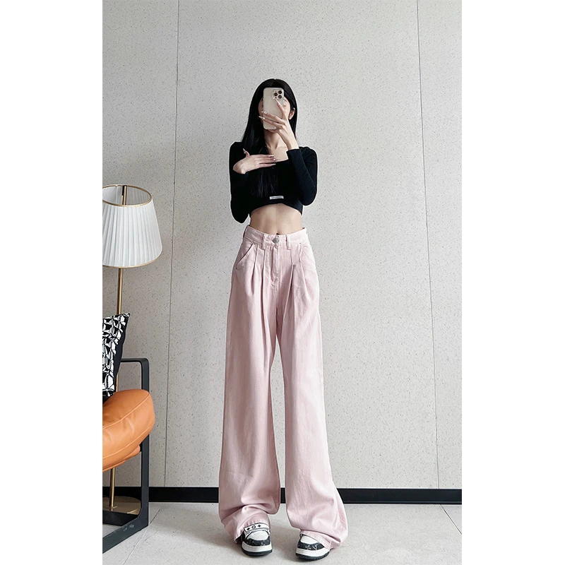 清货【8355】粉色高腰直筒褶皱牛仔裤女显高显瘦减龄宽松拖地阔腿裤