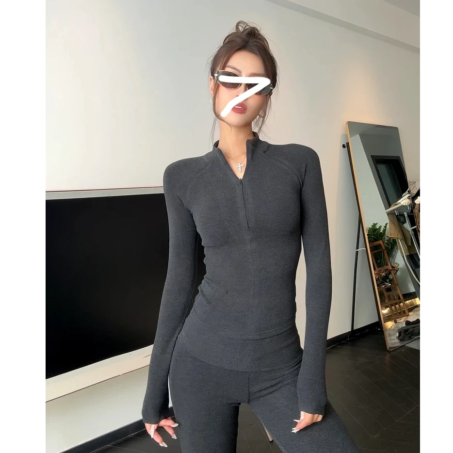 Not defined美式复古辣妹拉链长袖T恤春季修身显瘦内搭打底衫上衣