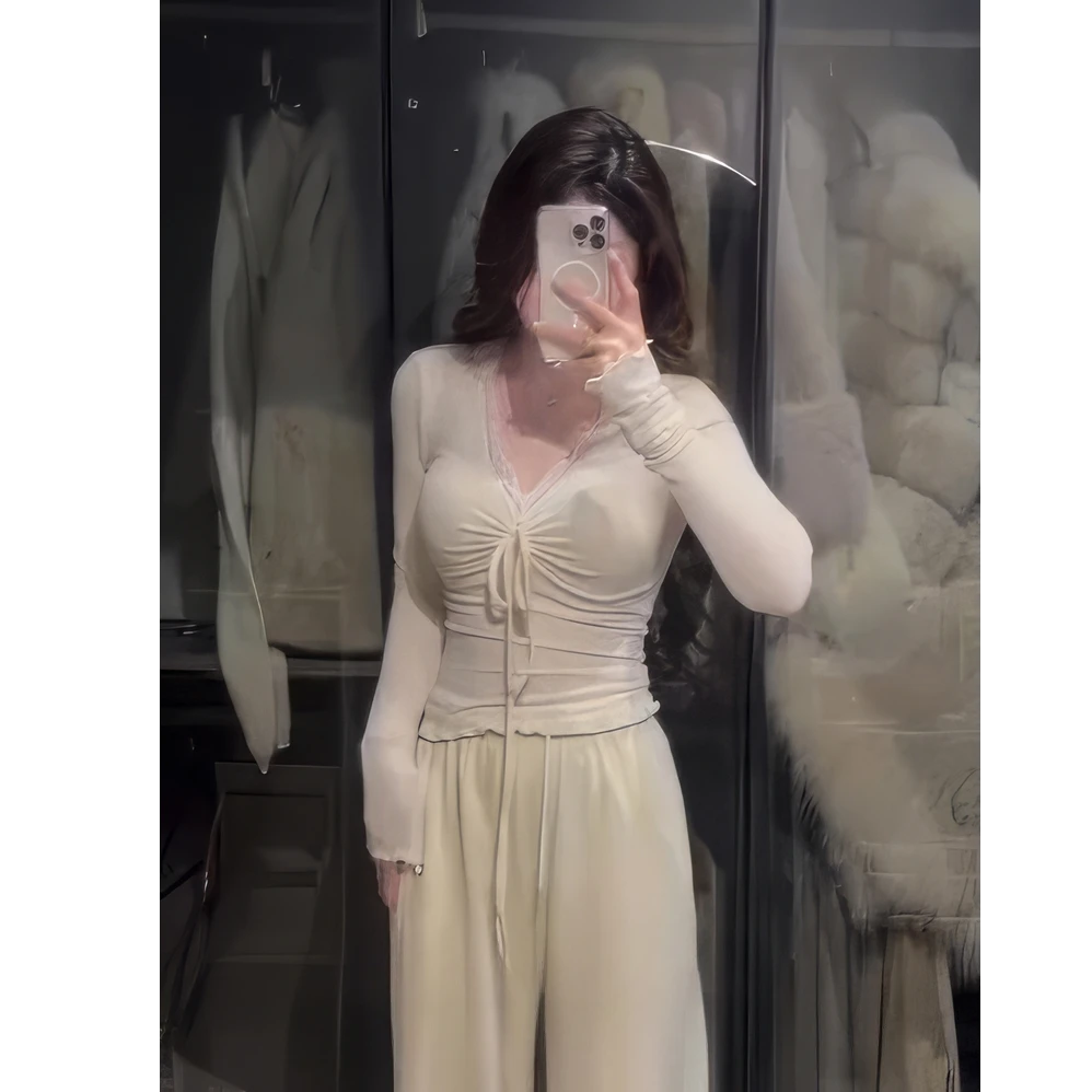 Not defined纯欲风辣妹V领长袖T恤女春季褶皱绑带内搭打底衫上衣