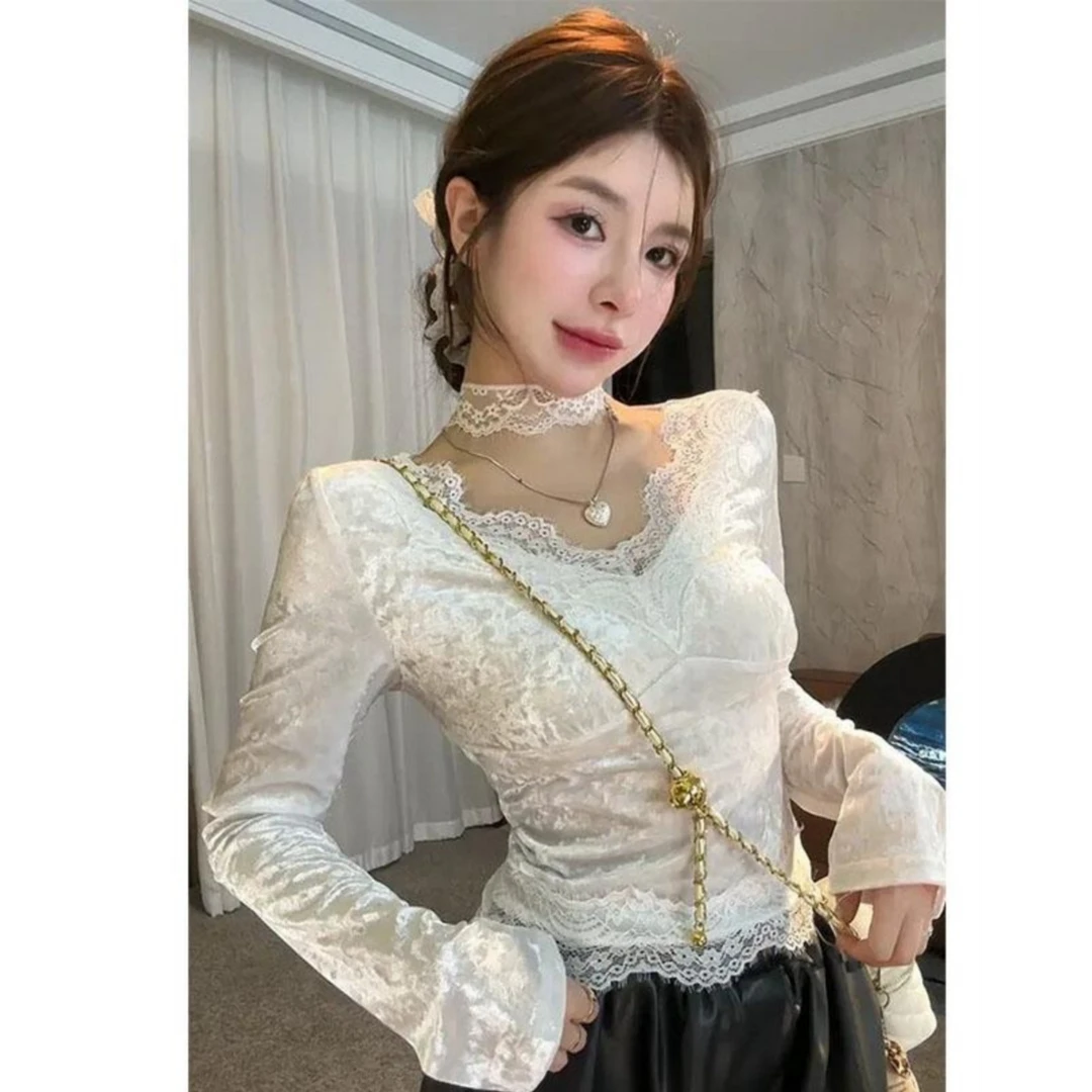 Not define纯欲白色v领挂脖蕾丝t恤女秋冬收腰显瘦内搭打底衫上衣