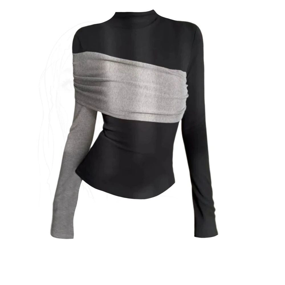 Not defined正肩撞色拼接长袖T恤女春季修身显瘦设计感打底衫上衣