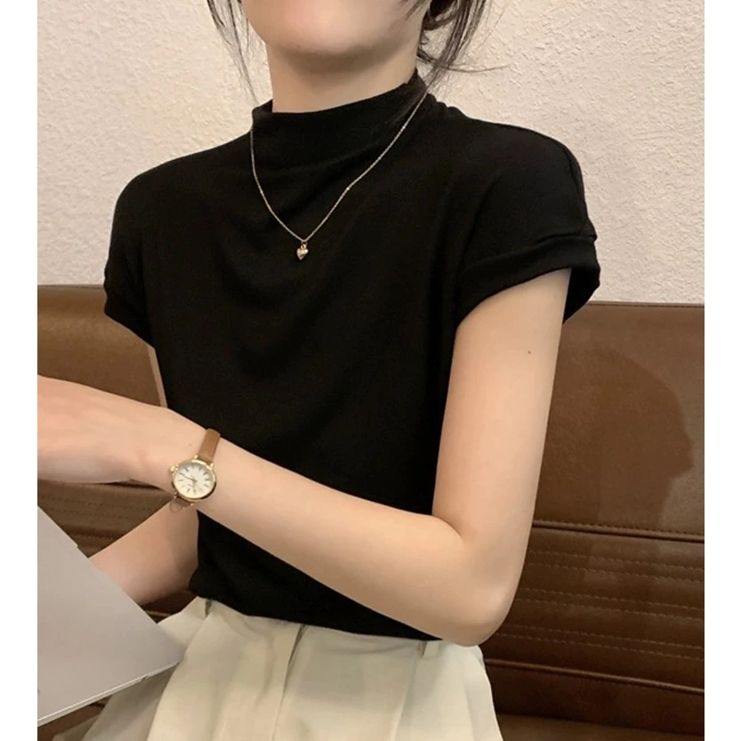 半高领短袖女装  秋季设计感小众洋气修身百搭显瘦修身弹力T恤