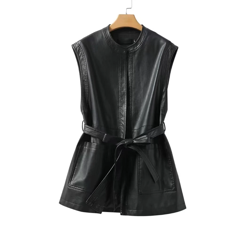 海宁正品皮衣2024年新品秋季新品百搭休闲极简风短款马甲女装2203