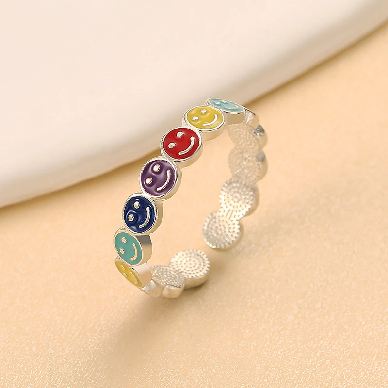 925银戒指 彩虹笑脸开口戒指少女甜美清新彩色微笑指环叠戴食指戒