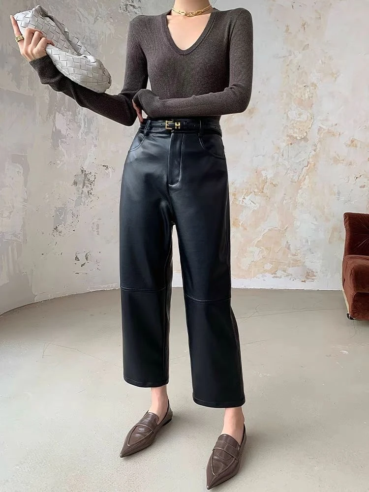 黑色爆款PU皮宽松直筒皮裤女秋冬季皮裤高腰显瘦显高休闲九分裤子