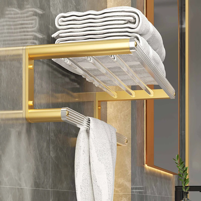 创意亚克力浴巾毛巾架卫生间置物收纳架金色拉丝轻奢太空铝免打孔