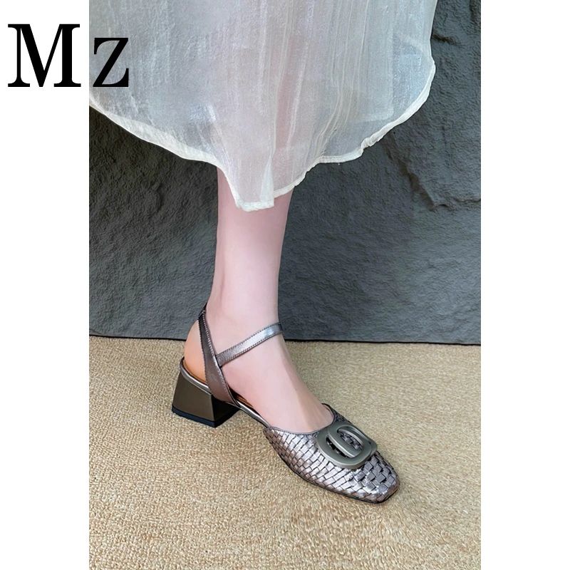 现货断码福利/高定鞋/4cm/包头后空真皮凉鞋女编织一字扣凉鞋