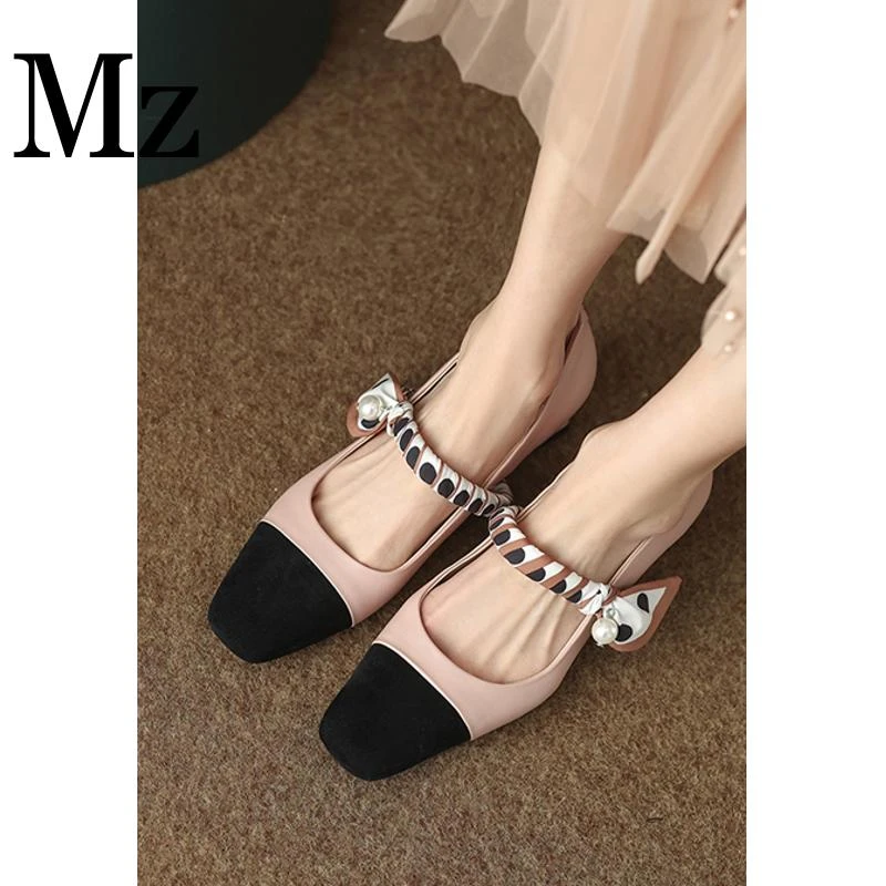 鞋匠小明/3.5cm/小香风方头拼色浅口一字带玛丽珍鞋子低跟单鞋女