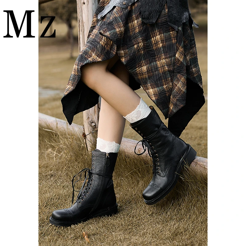 Mr.Zheng/淘小正/4cm/西部牛仔系带复古骑士靴2024休闲短靴女靴