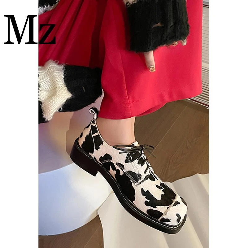 鞋匠小明/4cm/小众方头奶牛纹系带拼色中跟百搭单鞋女/xjD1522