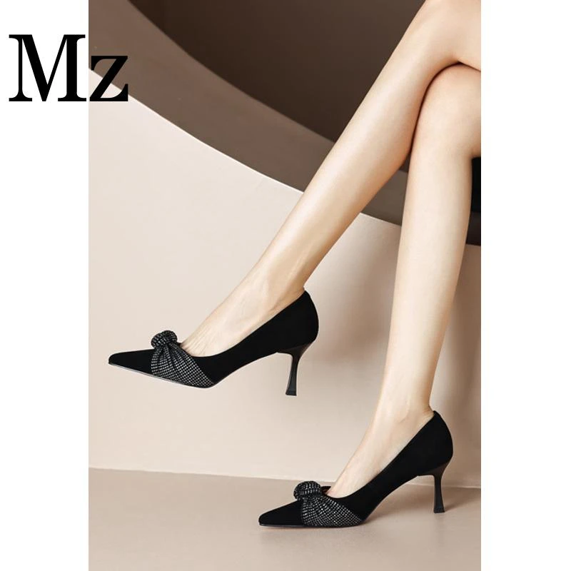 鞋匠小明/7cm/法式尖头水钻蝴蝶结浅口细跟高跟鞋单鞋女/xjZF3366