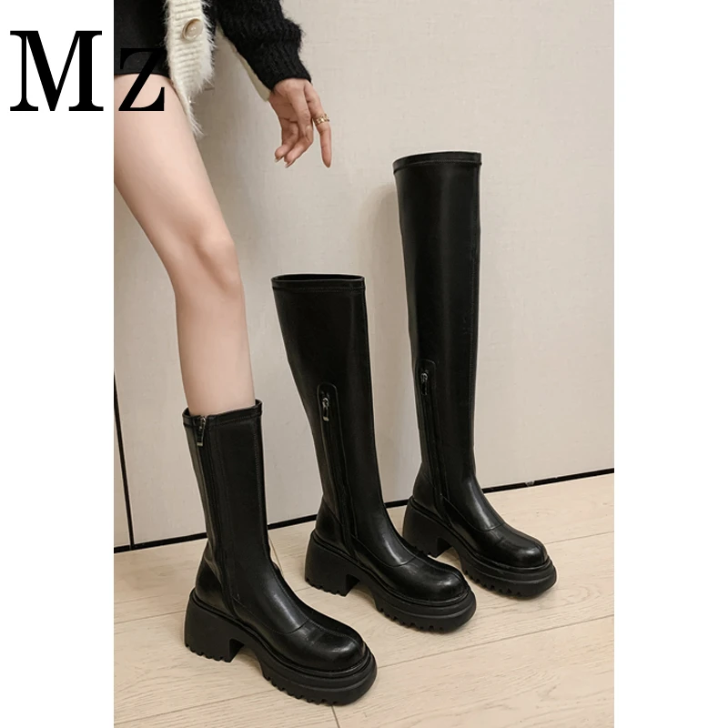 Mr.Zheng/淘小正/秋冬厚底过膝长靴小个子粗跟瘦瘦弹力短靴女鞋