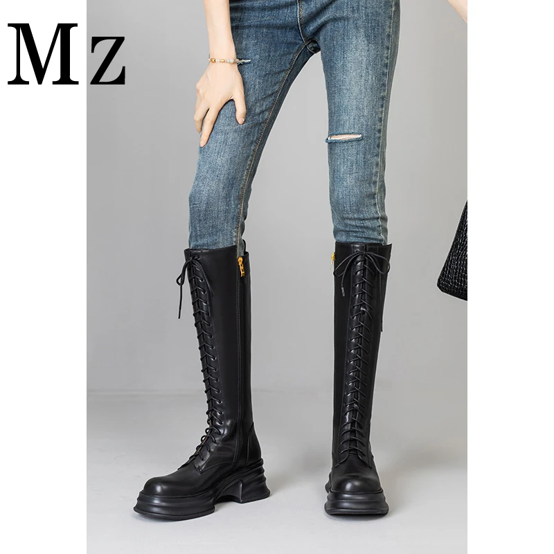 Mr.Zheng/淘小正/小个子骑士厚底长靴秋冬时尚粗跟系带增高女靴