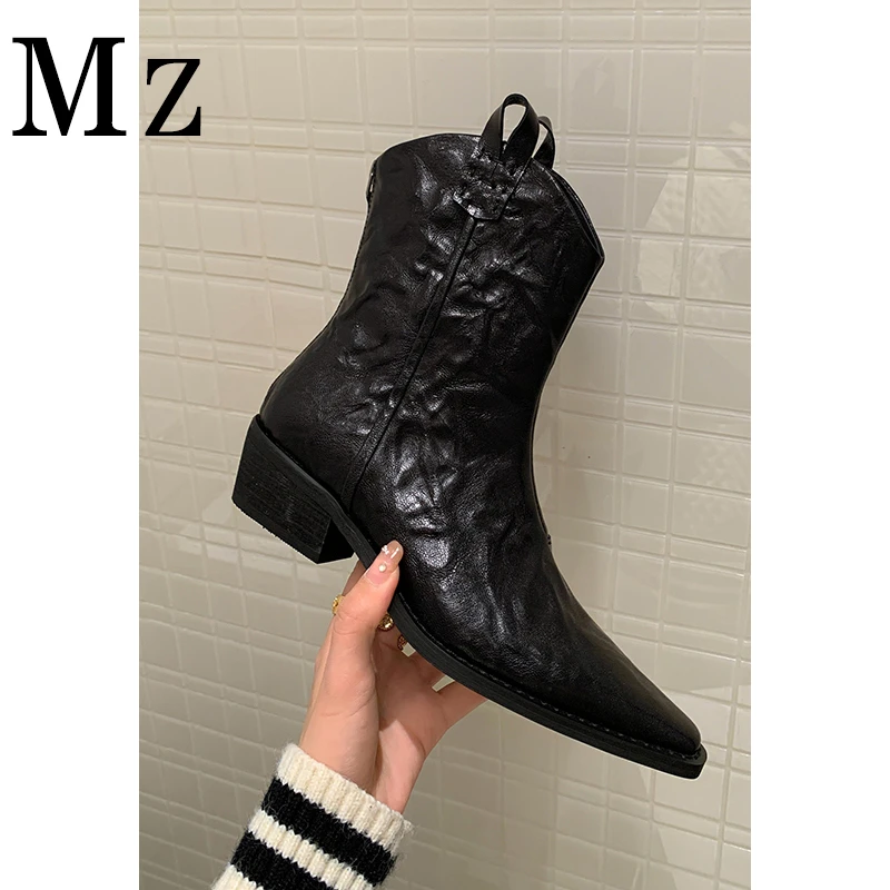 Mr.Zheng/淘小正/4cm/尖头女粗中跟踝靴复古V口靴子显瘦西部牛仔