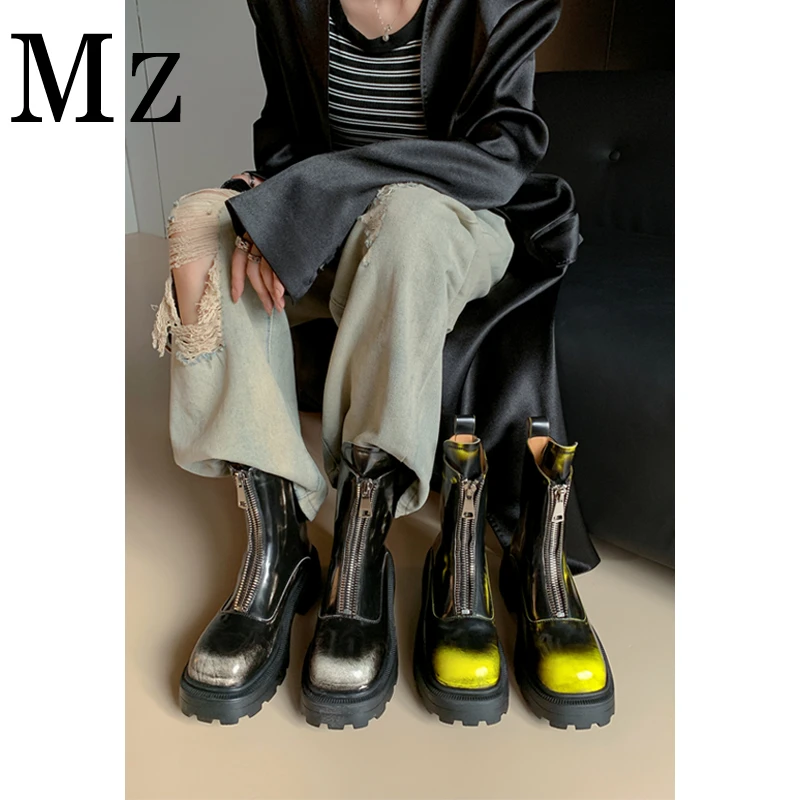 Mr.Zheng/淘小正/厚底前拉链马丁靴秋冬英伦风百搭方头短靴女鞋