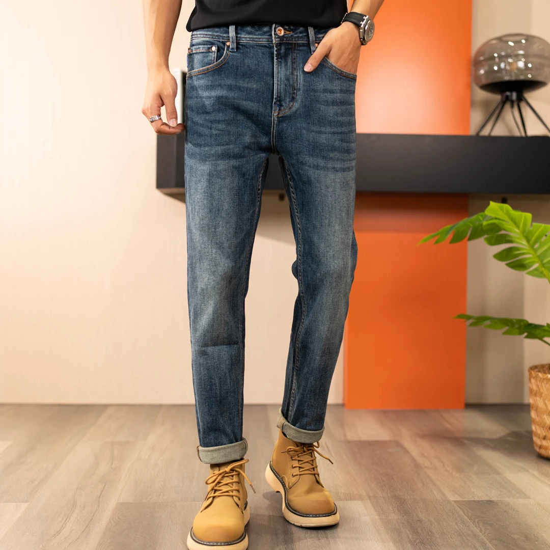 秋季新款时尚高端深蓝色牛仔裤男士微宽松直筒裤经典百搭裤