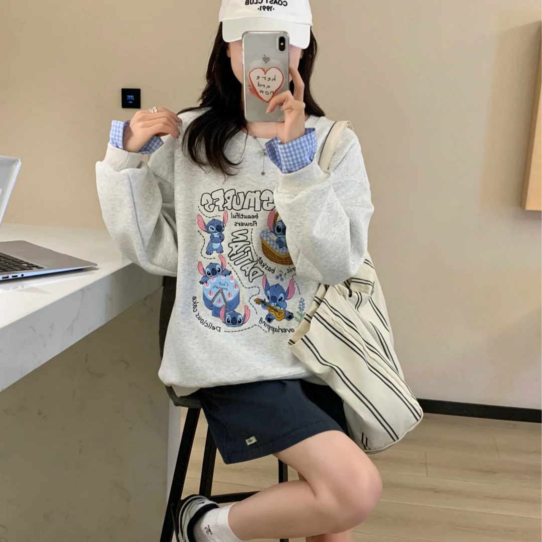 1663#史迪仔拼格子袖圆领卫衣 不加绒