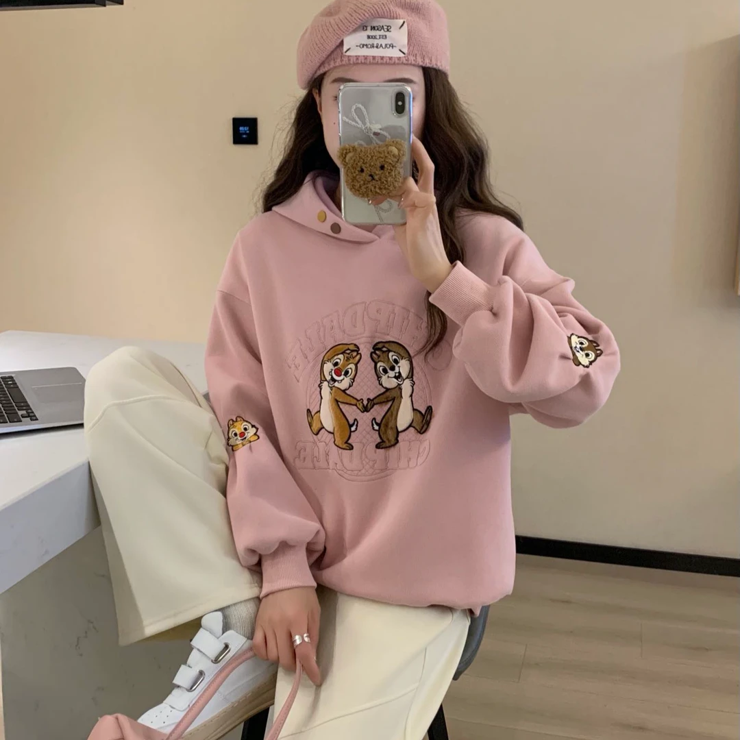 1669#  秋款松鼠泡泡袖连帽韩系宽松 不加绒