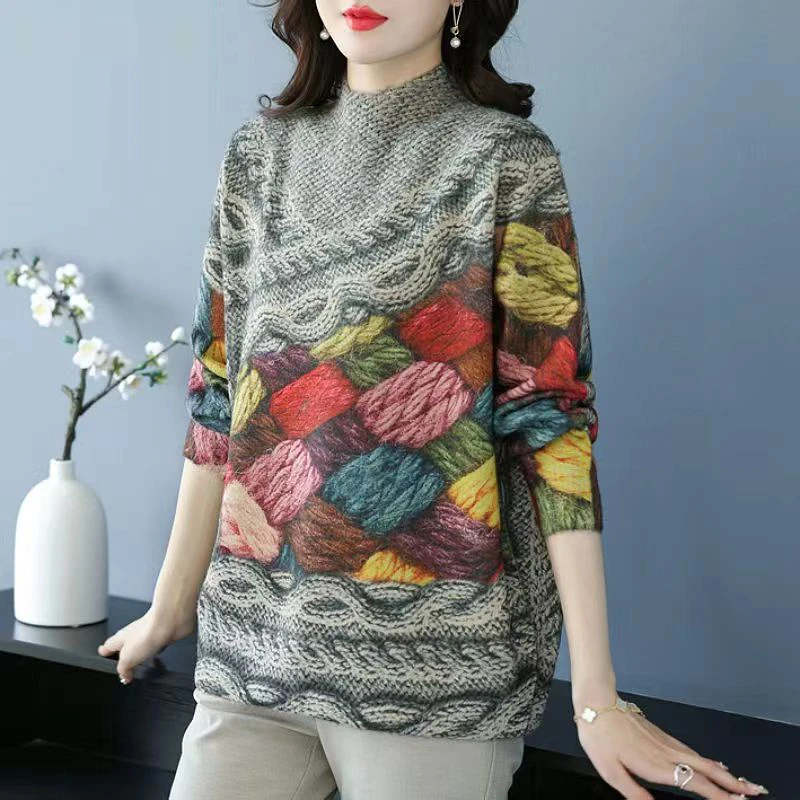 欧洲站大码秋冬新款半高领水貂绒印花设计毛衣加厚针织衫宽松女装