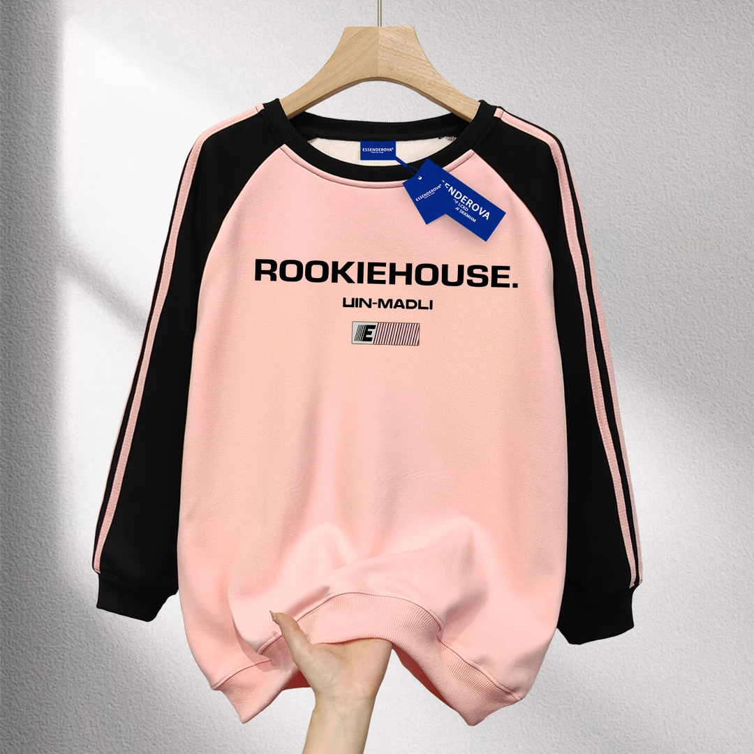 美式潮牌字母三条杠拼接圆领卫衣女秋冬潮牌简约学生情侣上衣ins