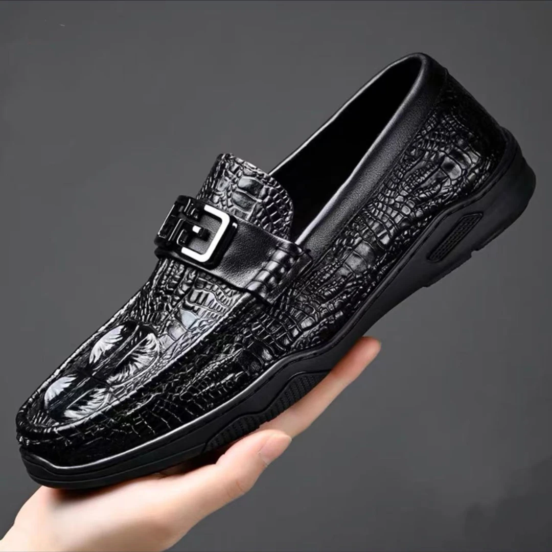 新款头层牛皮季鳄鱼纹百搭休闲软底透气夏季男士驾车鞋韩版男鞋