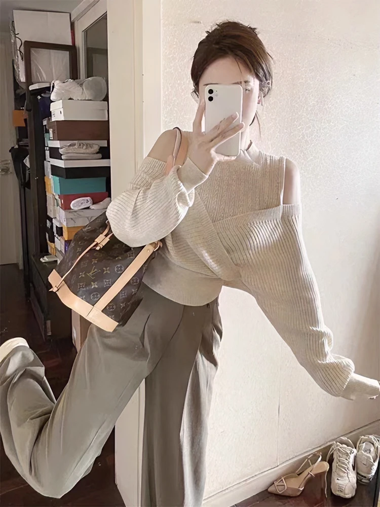 镂空露肩针织毛衣女春秋季设计感假两件长袖短款显瘦百搭针织上衣