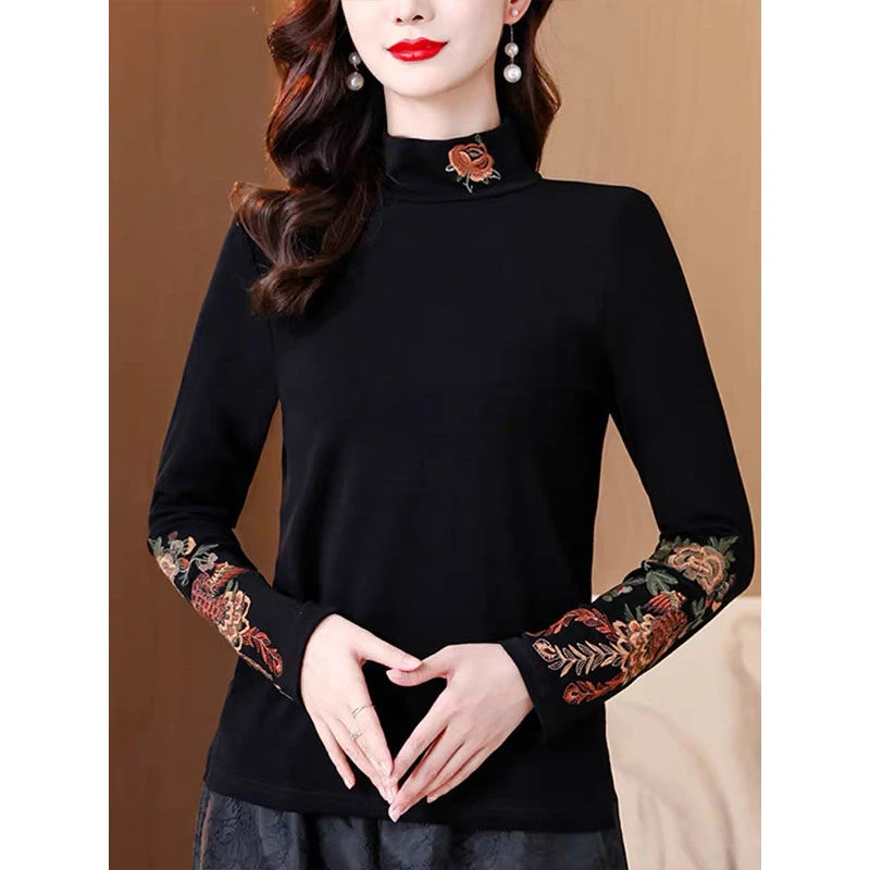 双面磨毛德绒打底衫女秋冬复古民族风半高领新中式刺绣长袖T恤女