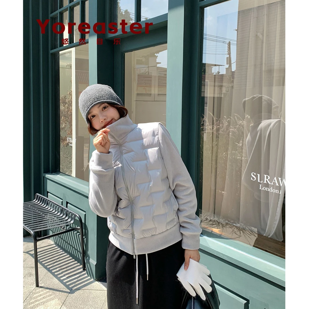 【悠然自乐】秋冬摇粒绒拼接轻羽绒卫衣保暖韩系鸭绒百搭上衣外套
