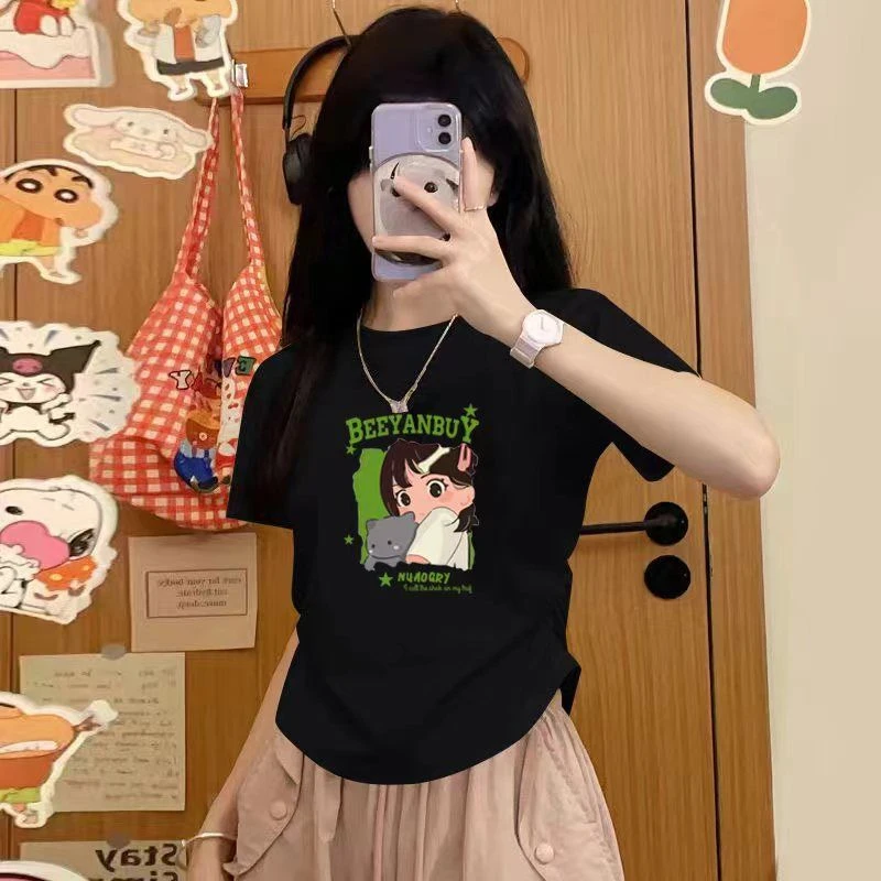 女童短袖t恤夏季可爱卡通甜美印花褶皱短袖中大儿童ins风网红上衣