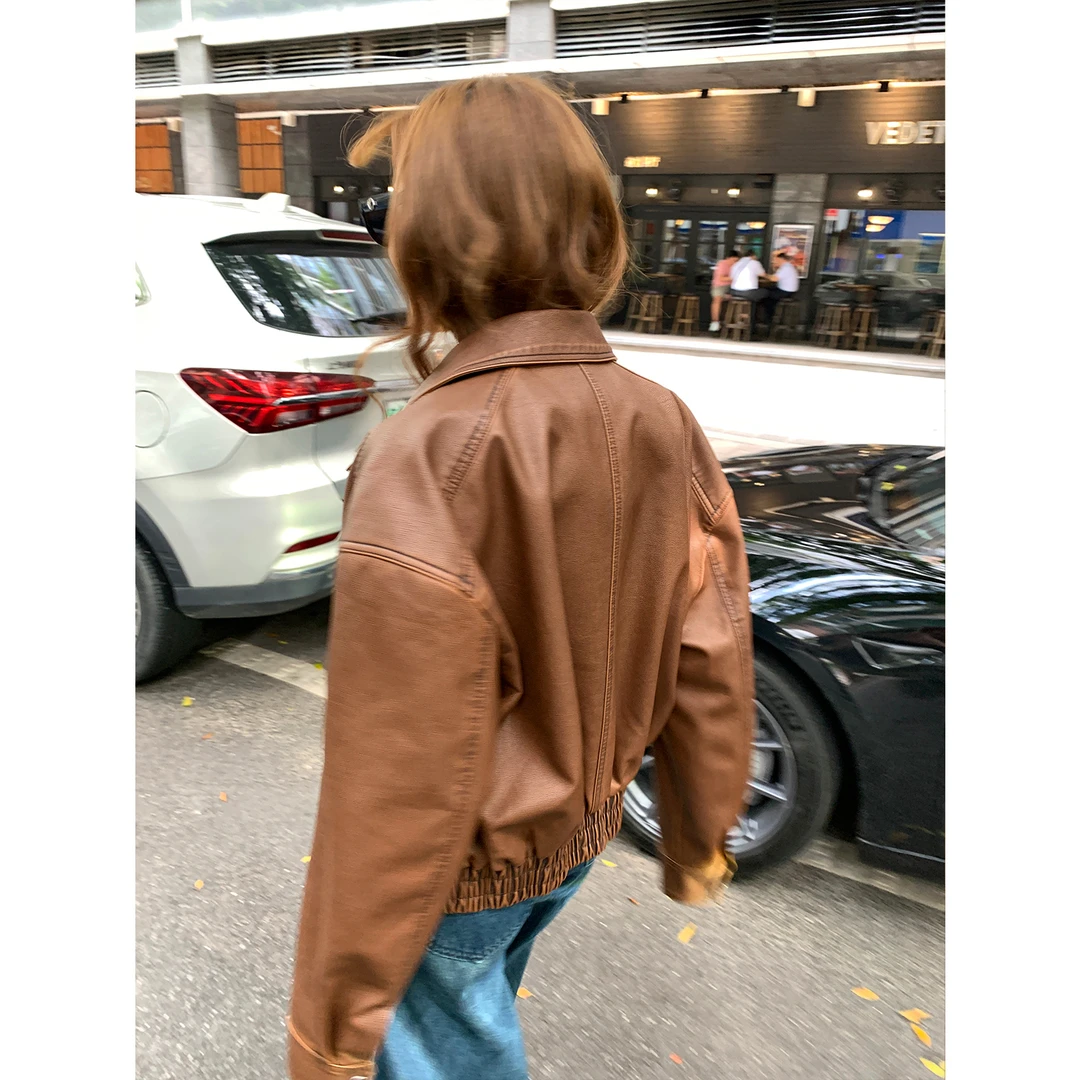 米花家【费城纪事】棕色复古设计感皮衣夹克女秋新款小众长袖外套