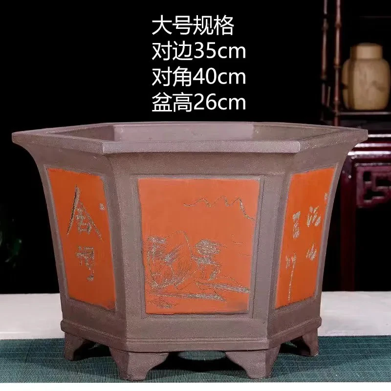 紫砂特大号花盆六方盆景盆老桩榕树盆金弹子陶瓷花盆阳台室内盆栽