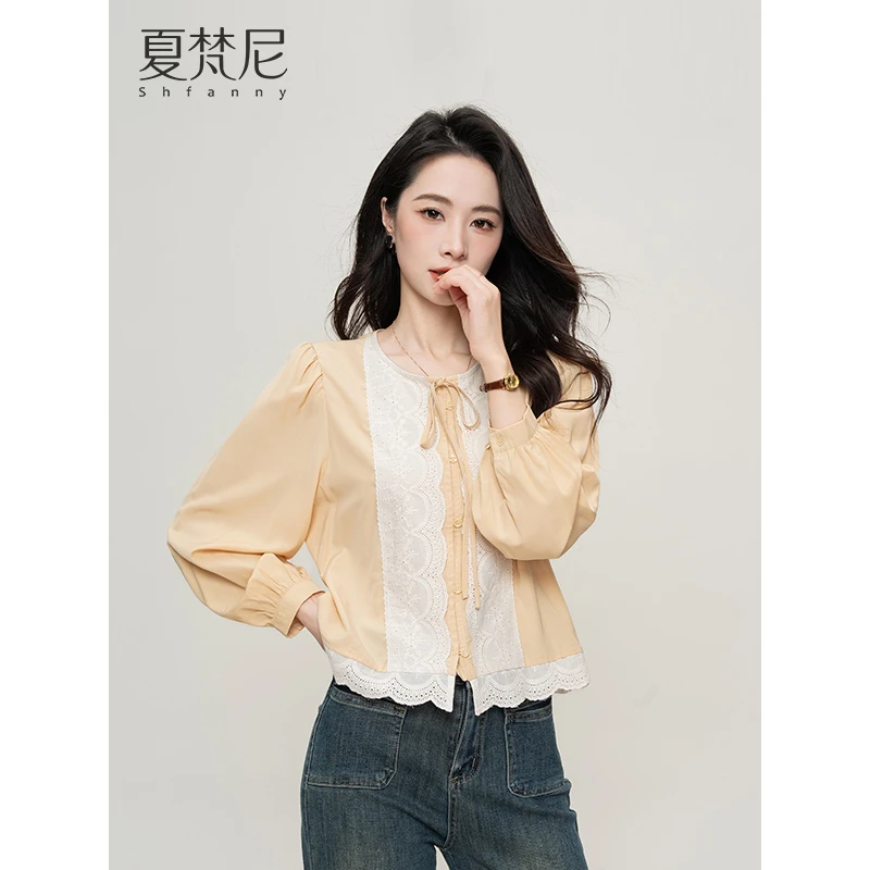 夏梵尼日落甜酒法式灯笼袖花边衬衫拼接撞色系带百搭洋气小衫上衣